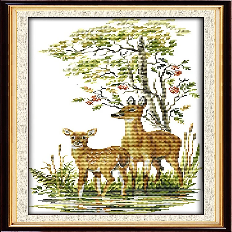 Joy Sunday Deer Mother And Daughter 14CT Stamped Cross Stitch 32*53CM