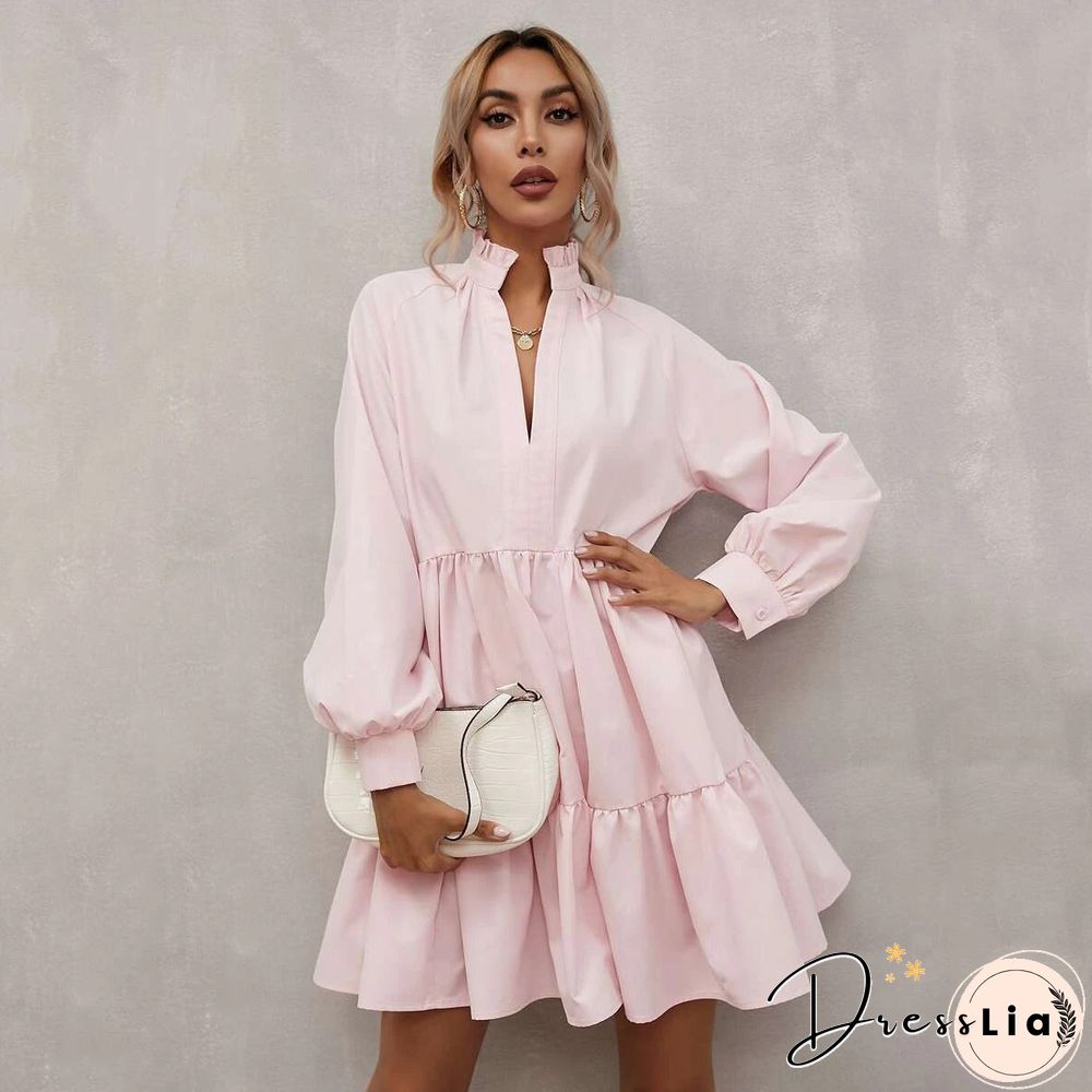 Pleated Skirt Solid V-neck Lantern Dress