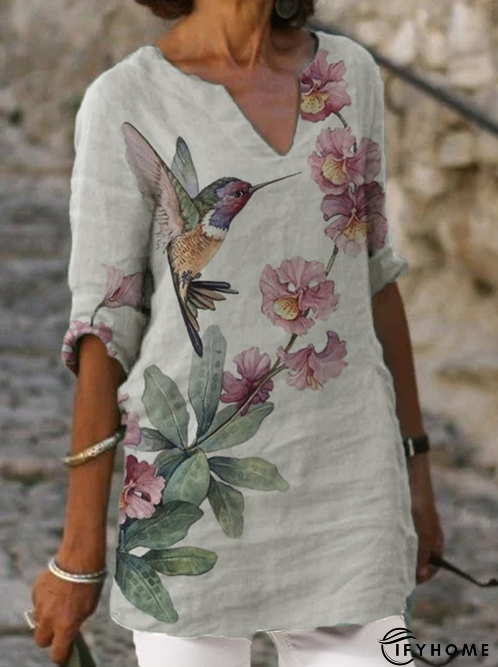 Half Sleeve V Neck Casual Floral-print Top | IFYHOME