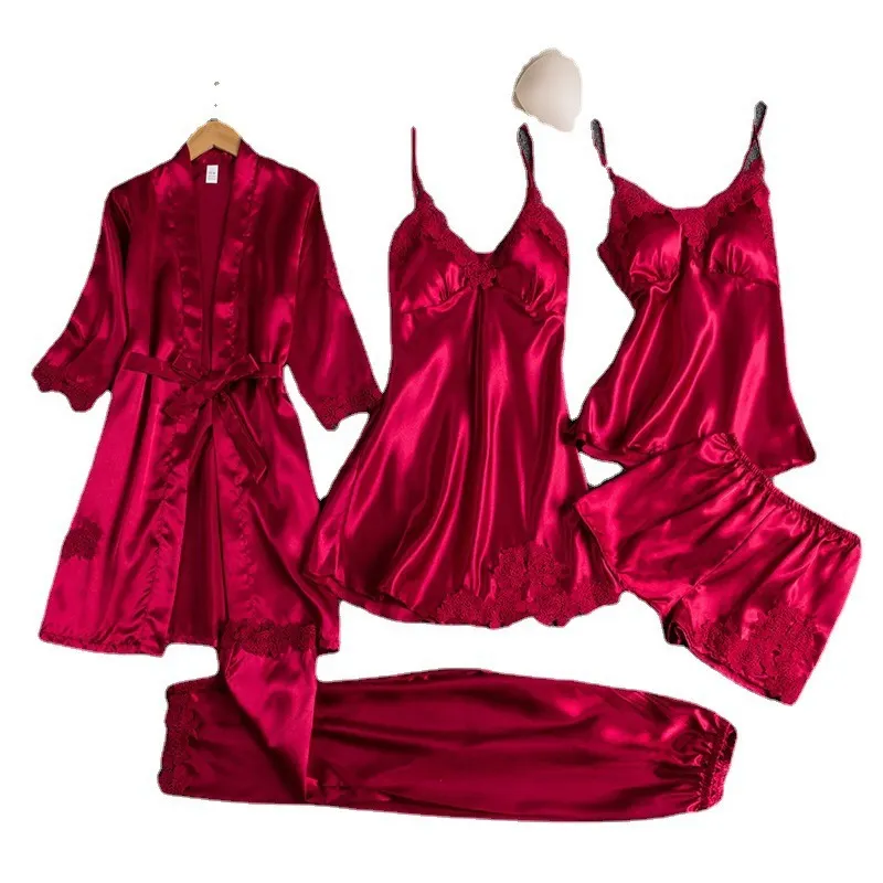 Churchf Pajamas Women Summer Ice Silk Sexy Hot Adult Spring And Autumn Long-Sleeved Thin Lady Night Robe Five-Piece Suit Multi-Colored
