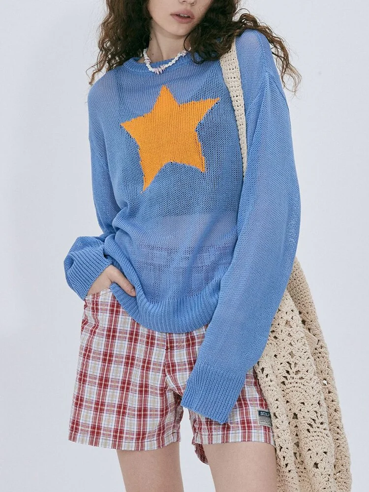 Uveng 2022 Summer Autumn Star Kintted Smock Tops Women Y2K Long Sleeve See Through Loose Pullovers T Shirts Vintage Streetwear