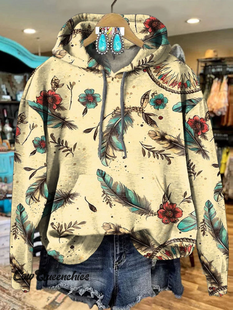 Boho Feather Art Print Casual Hoodie Sweatshirt Multicolor / S