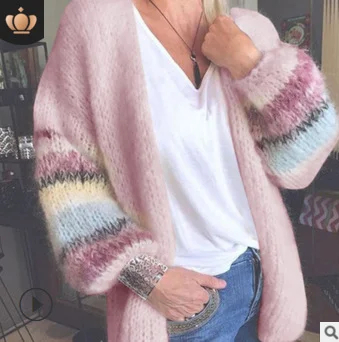 Brownm Brownm New Sweater Striped Mare Hairy Open Shirt Autumn And Winter Knitted Long-Sleeved Coat Women's Clothing