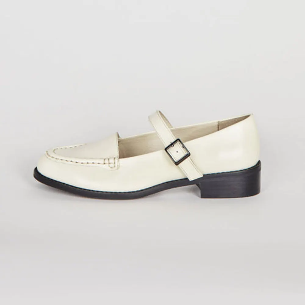 White Round Toe Low Block Heel Buckle Women Mary Jane Shoes