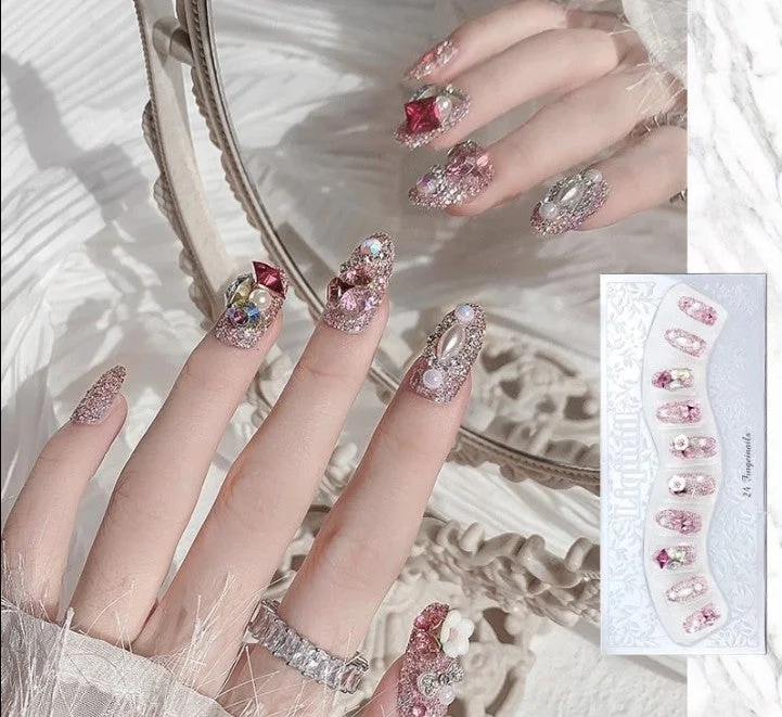 Kawaii Pearl Lace Bowknot Rhinestone Fake Press On Nails SP17432