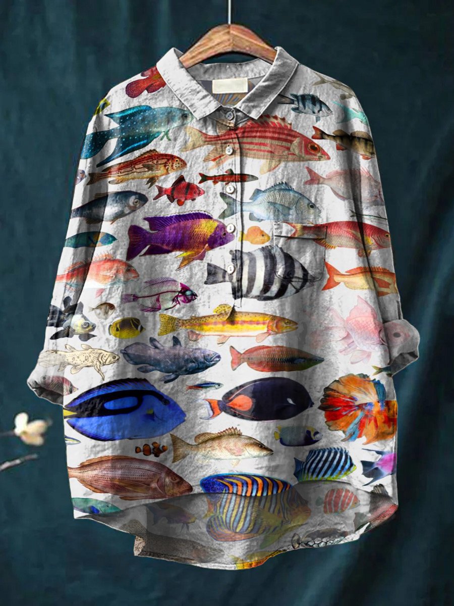 Colorful Tropical Fish Decorative Pattern Casual Cotton And Linen Shirt