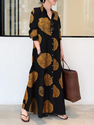 Image of Split-Joint Printed Loose Long Sleeves Lapel Shirt Dress Maxi Dresses