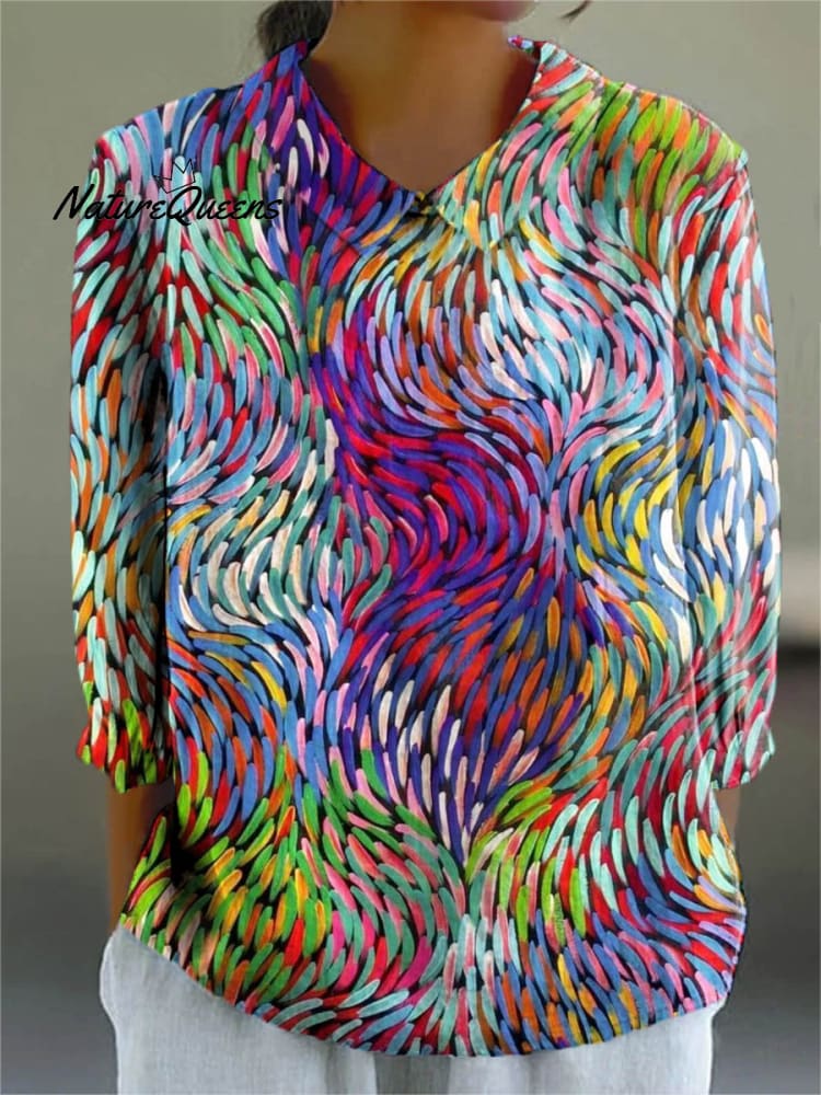 Women's Abstract Pattern Art Print Casual Cotton And Linen 3/4 Sleeve Shirt