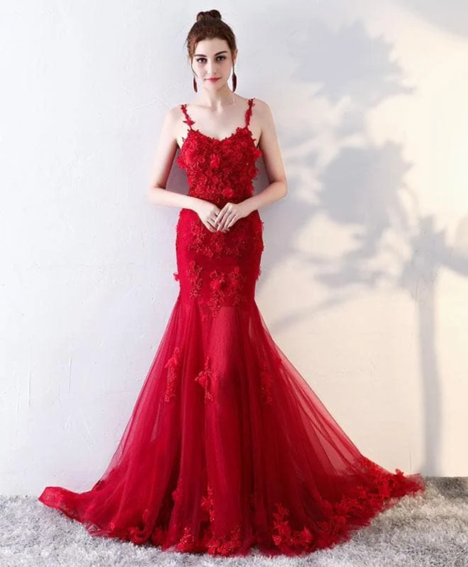 Burgundy Mermaid Long Prom Dress, Lace Evening Dress