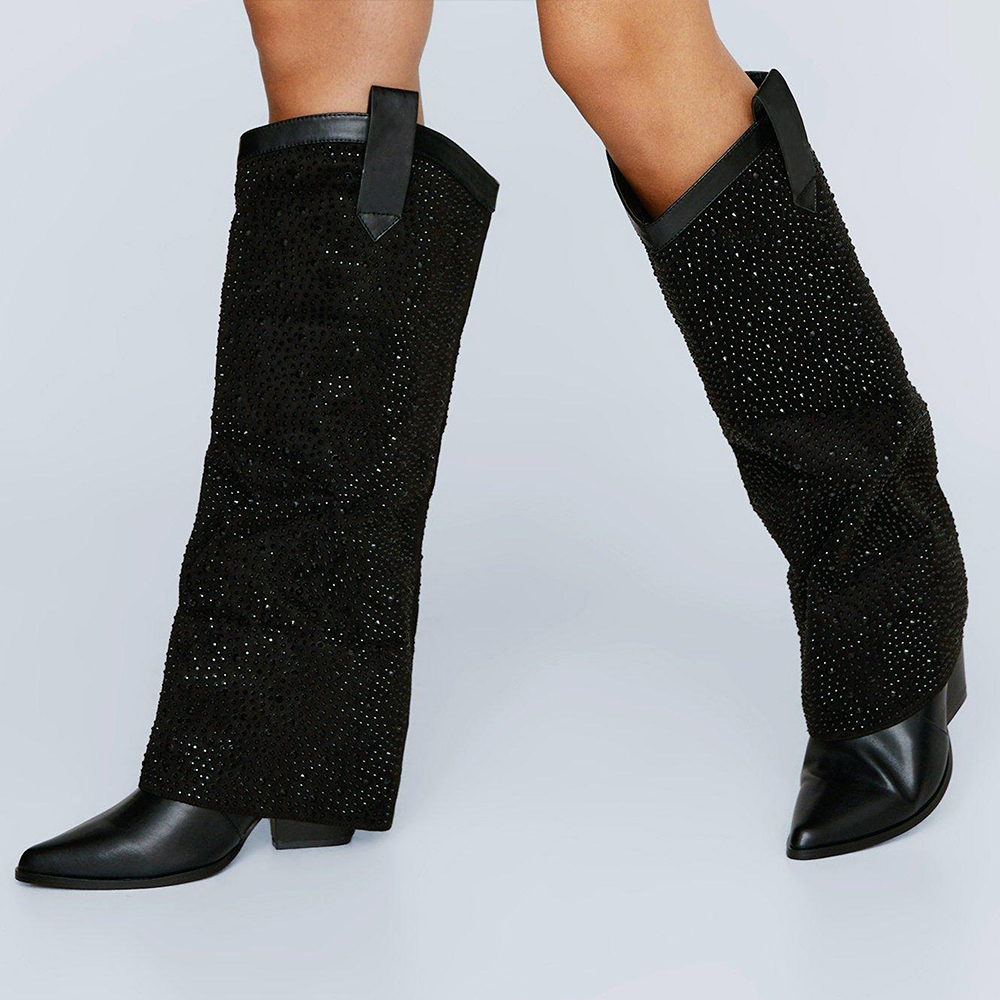 Black Vegan Leather Cowgirl Boots Pointed Toe Rhinestone Decor Cone Heels Boots