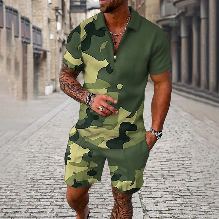 Broswear Men's Camouflage Irregular Pattern Short Sleeve Polo Shirt And Shorts Co-Ord