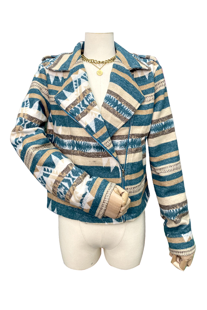 Aztec Print Lapel Pockets Short Jacket Coat