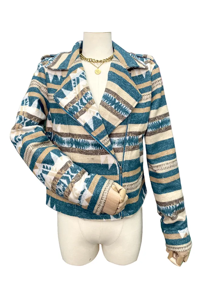 Aztec Print Lapel Pockets Short Jacket Coat