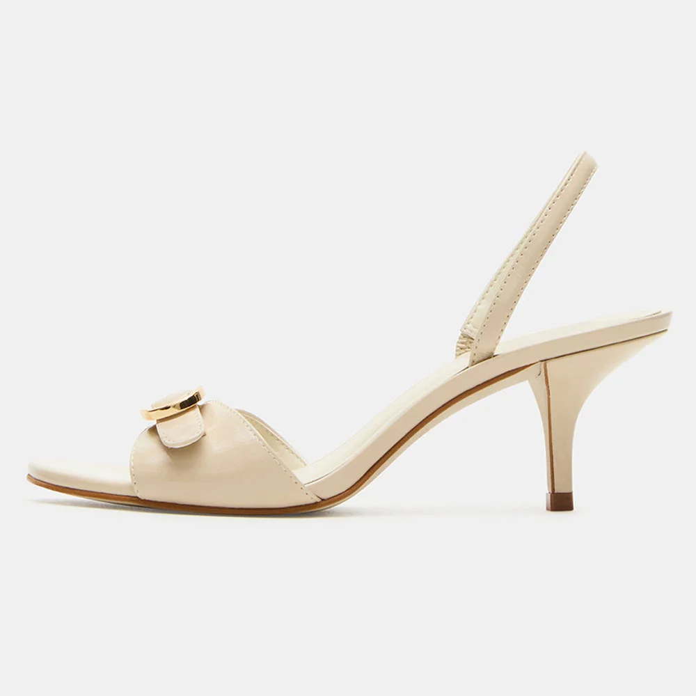 Ivory Vegan Leather Open Toe Buckle Slingback Women's Heel Sandals
