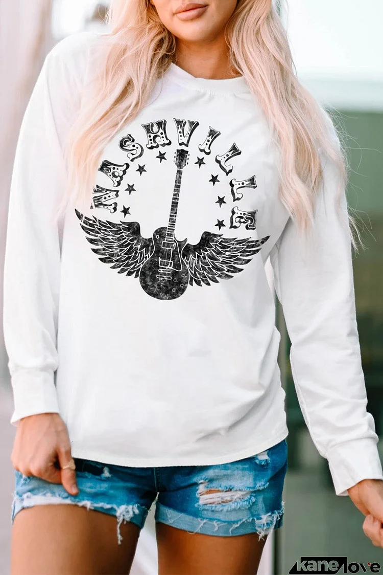 NASHVILLE Guitar Feather Graphic Print Crewneck Top