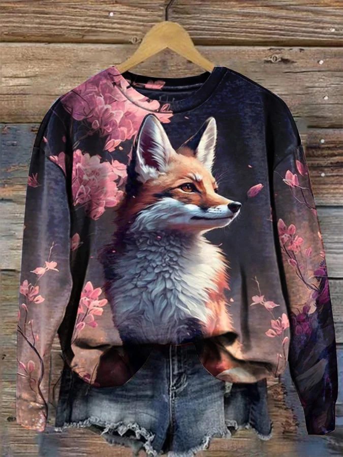Fox Print Crew Neck Long Sleeve Sweatshirt