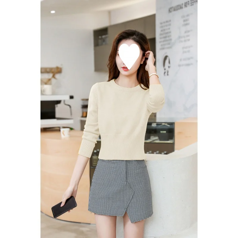 Uveng Uveng Autumn And Winter High-Waisted Short Round Neck Long Sleeves Knitted Waist Small Man Short Shirt Woman