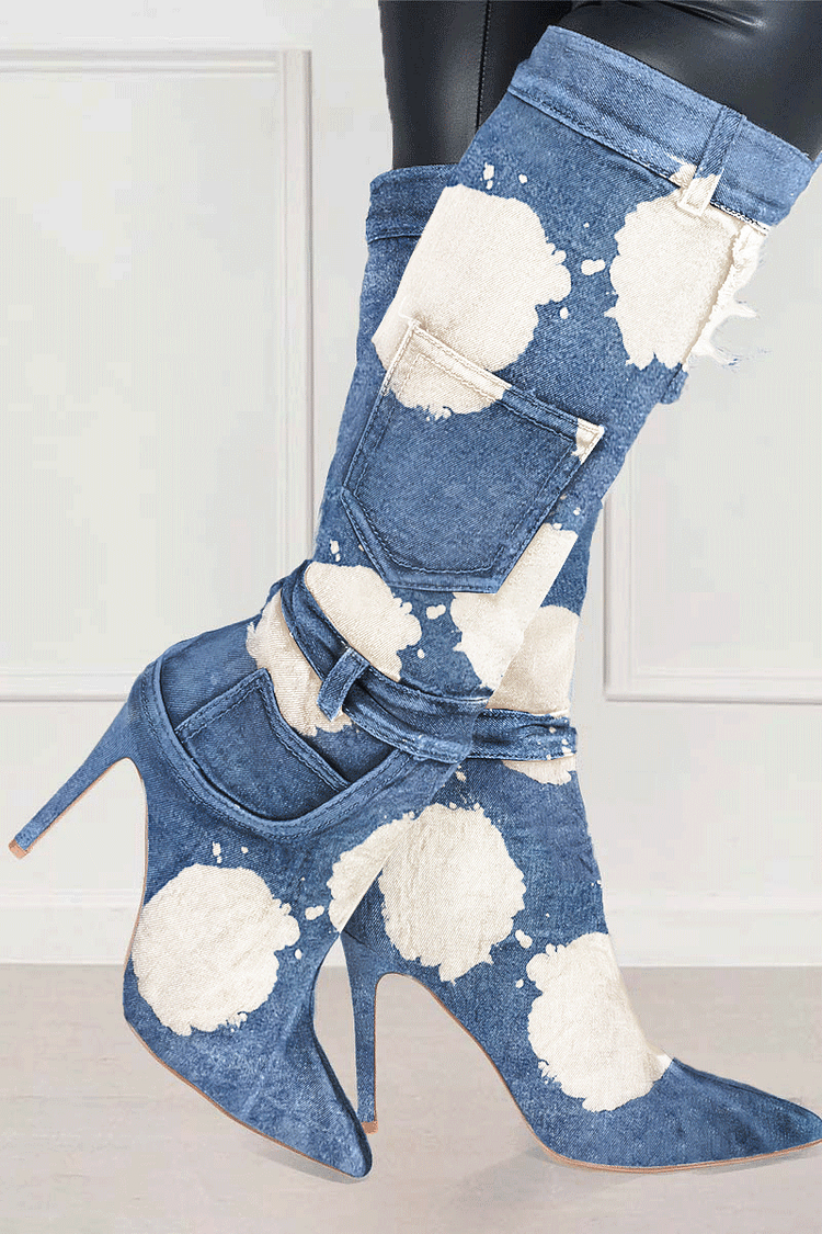 Colorblock Pocket Decor Stiletto Heels Blue Knee High Boots 