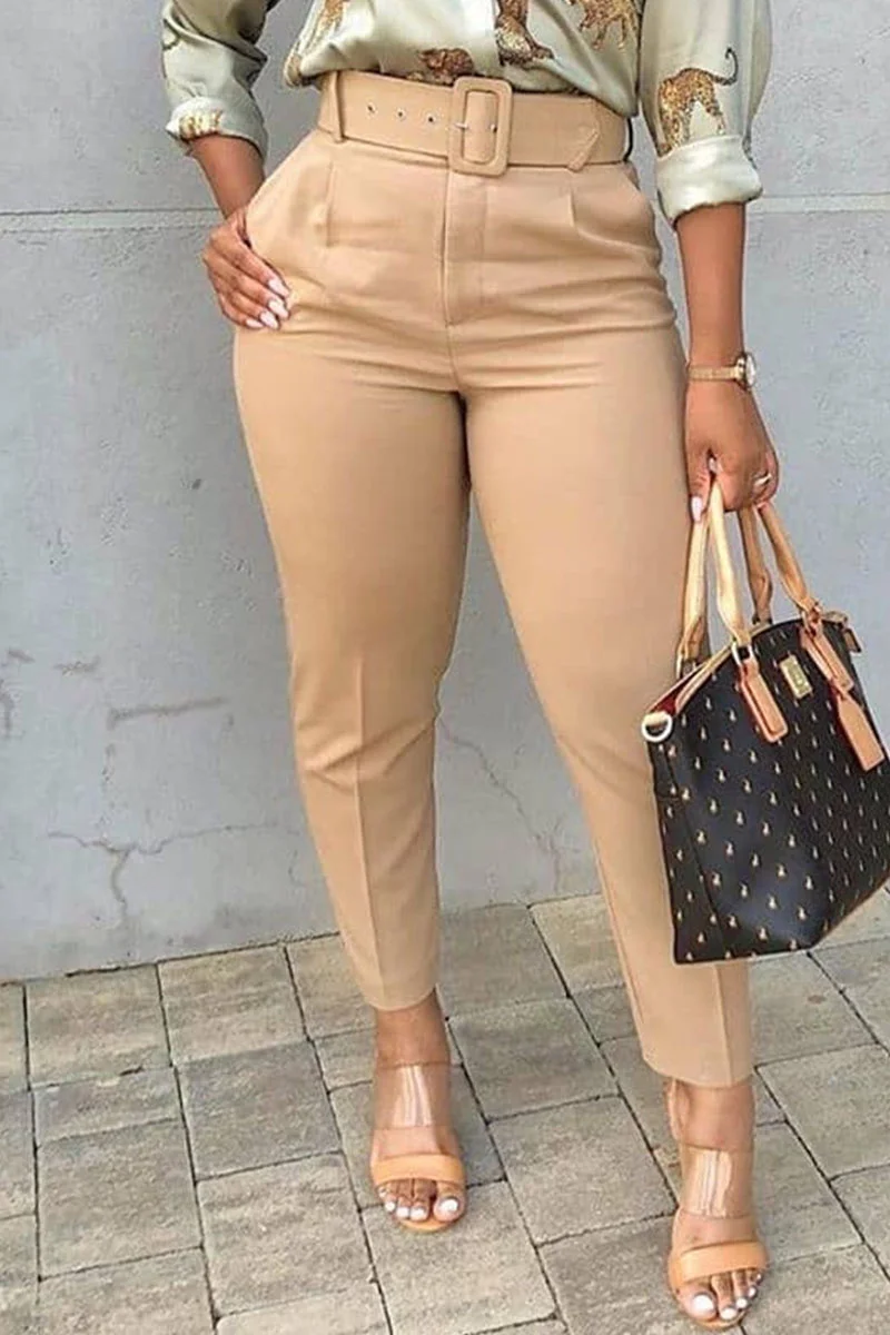 Khaki Casual Solid Patchwork Regular High Waist Pencil Solid Color Bottoms | EGEMISS