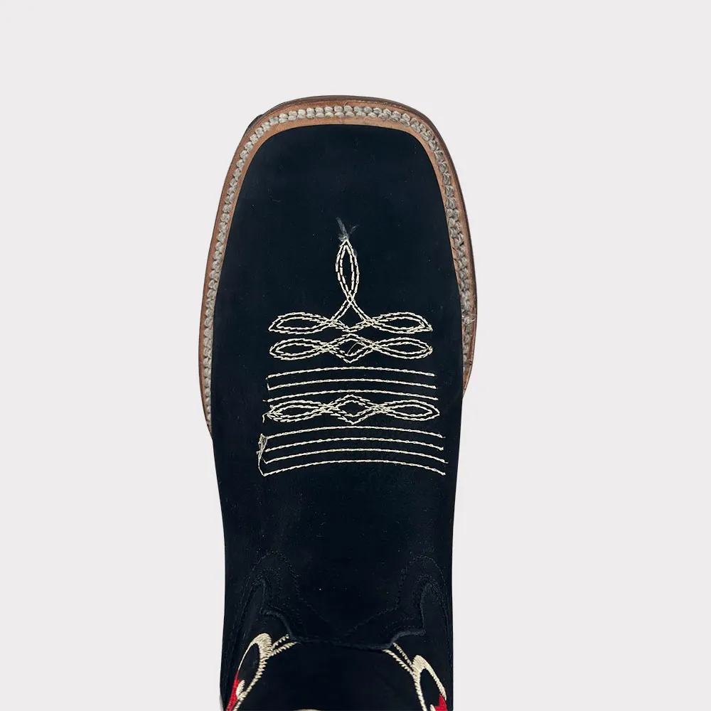 Black & Red Chunky Heel Rose Embroidered Women's Western Boots