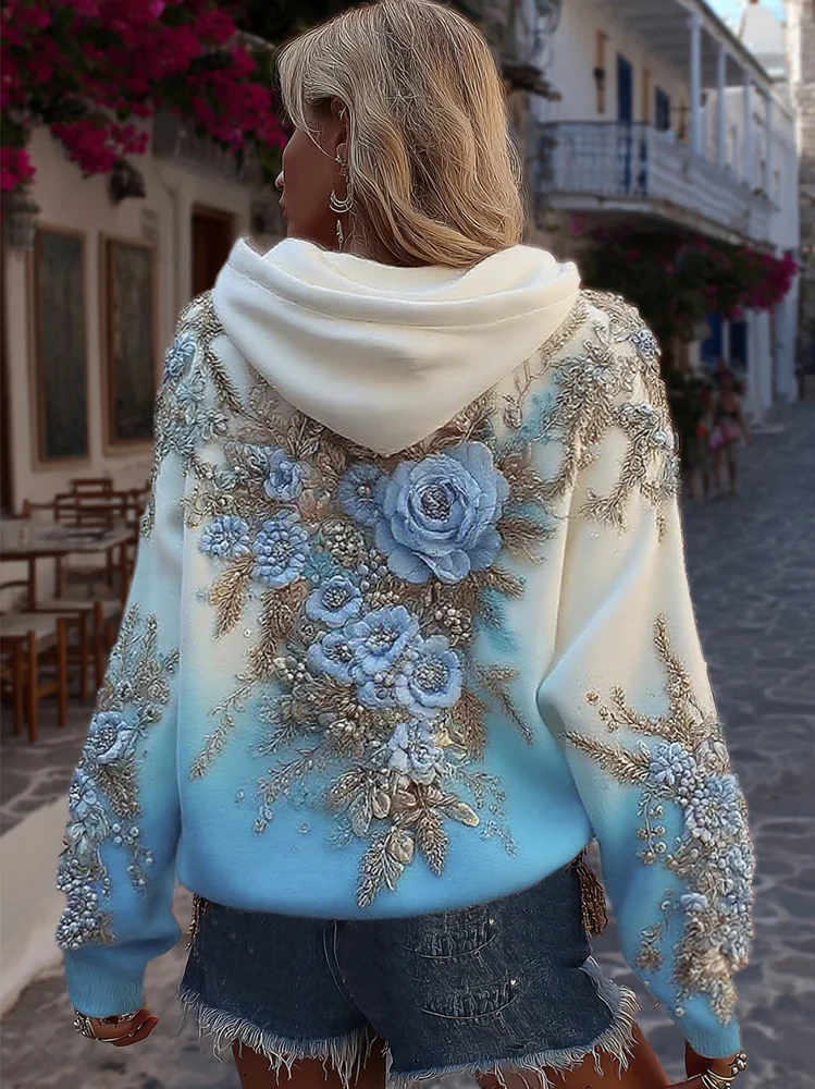 Women's Classic Rose Embroidery Art Comfy Hoodie
