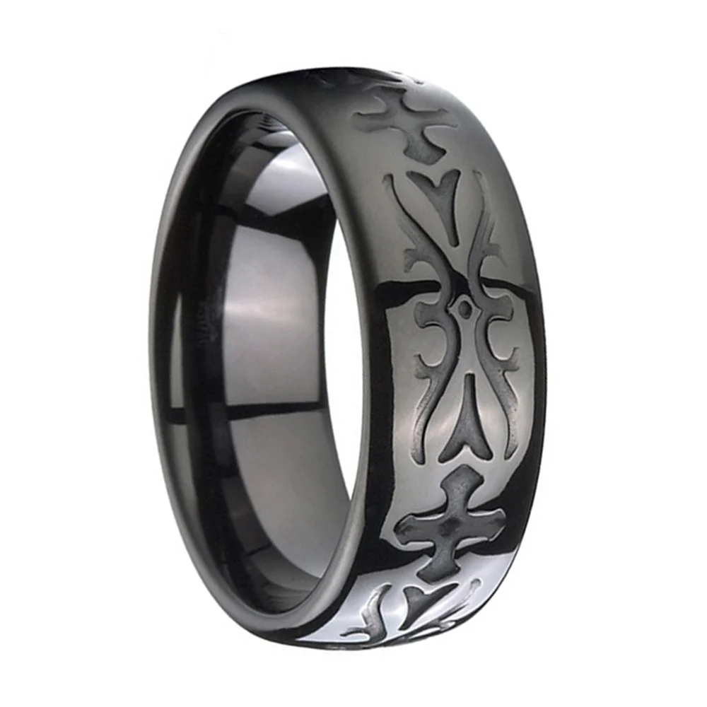 6MM 8MM Black Tungsten Carbide Cross Flower Carving Top Bands