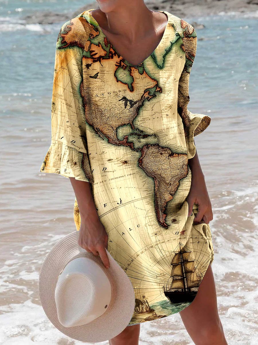 Women's Vintage Map Nautical Art Print Ruffled Dress