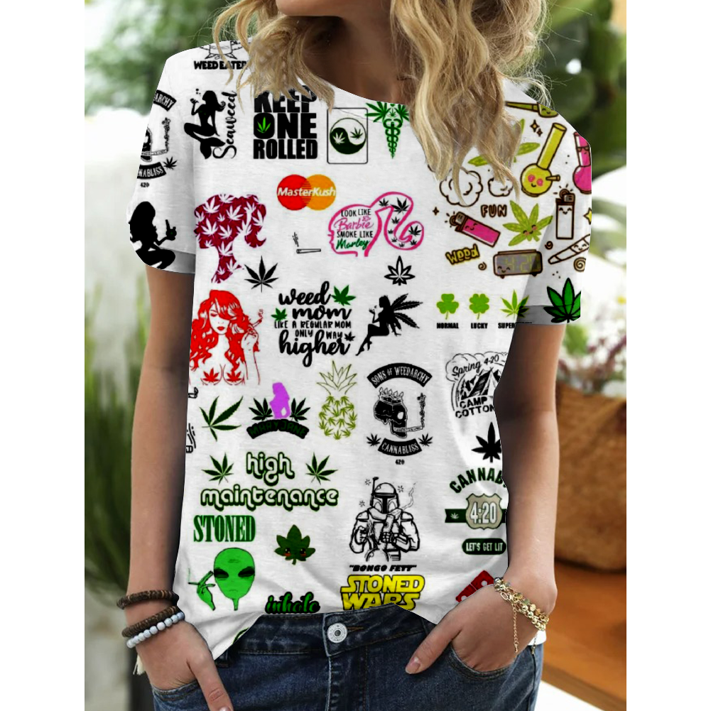 Round Collar Short Sleeves Pure Cotton  Printing T-Shirt