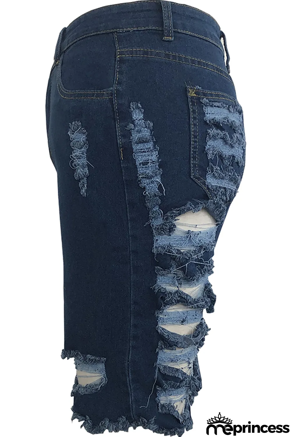 Blue Denim Button Fly Zipper Fly High washing Hole Zippered Pocket Straight shorts Shorts