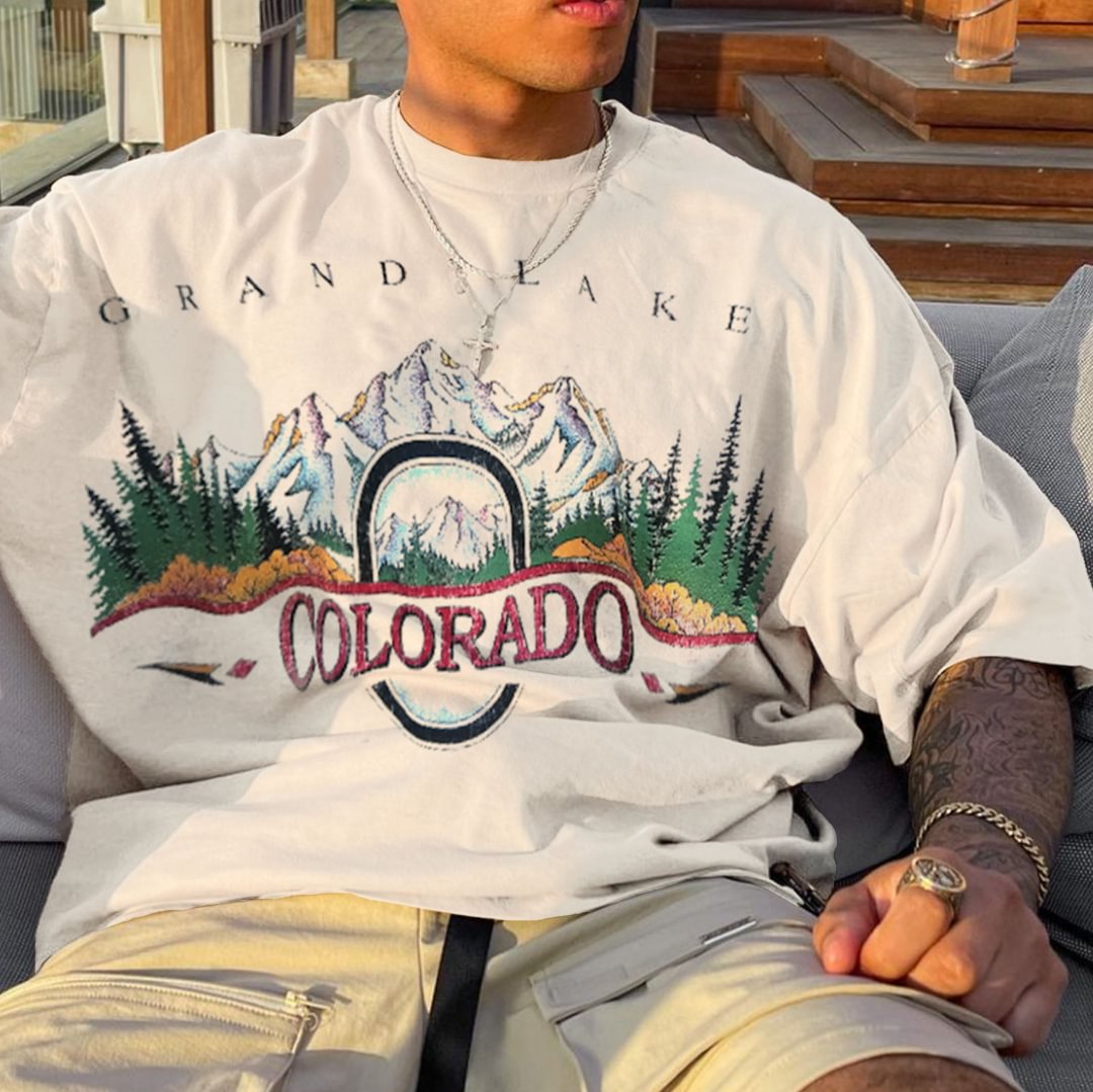 Retro Men's COLORADO Print Oversized T-shirt、、URBENIE