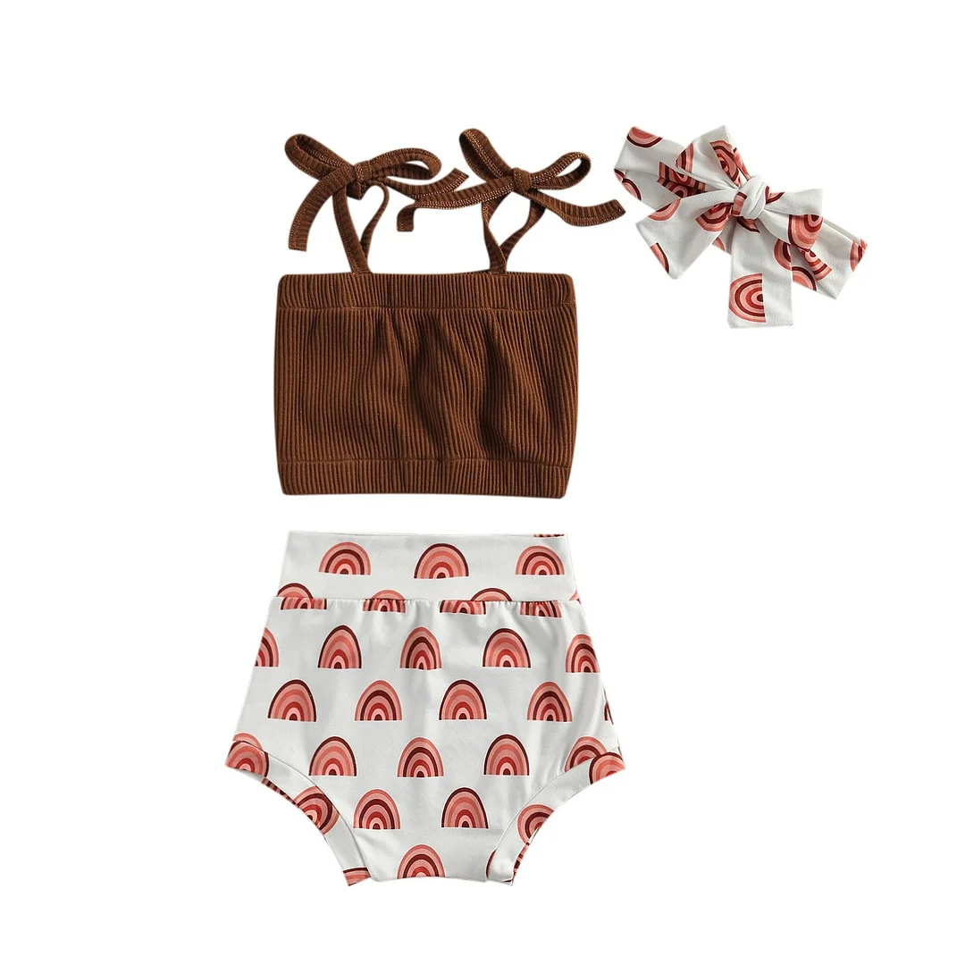 Infant Newborn 3Pcs Baby Girl Summer Outfits, Bow Tie Strap Ribbed Tank Tops + Short Pants + Headband Set