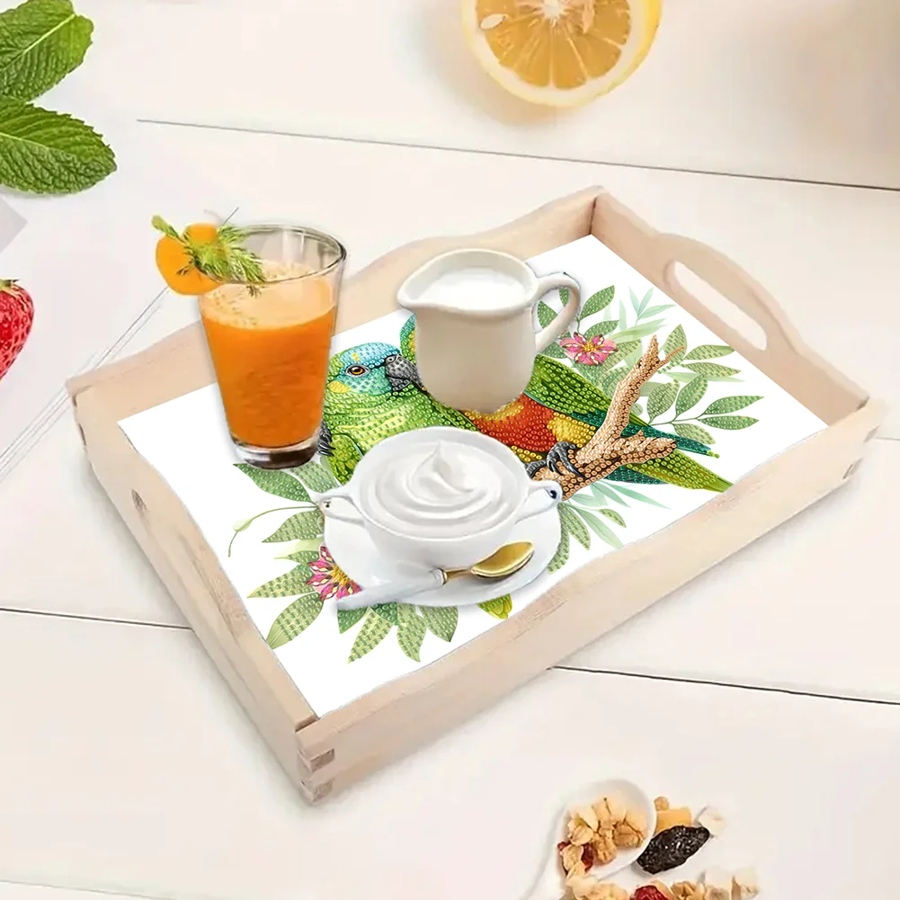 5D DIY Flower Parrot Diamond Painting Wooden Serving Tray with Handle for Desk