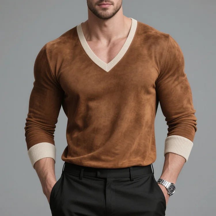 Okaywear Suede Beige Trim V Neck Long Sleeve Top 