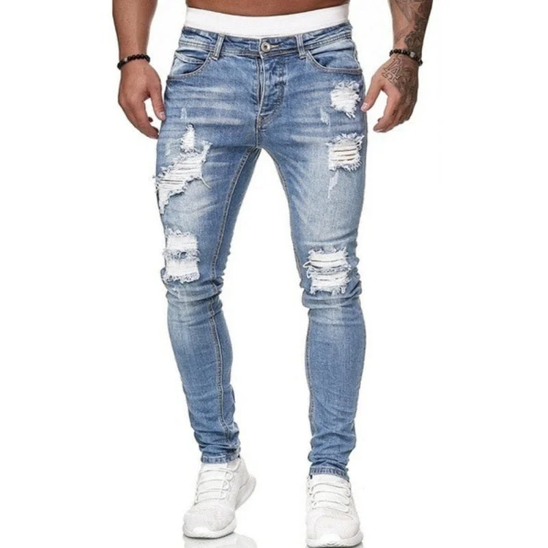 Aonga  Jeans Men Ripped Skinny Jeans Pencil Pants Motorcycle Party Casual Trousers Street Biker Clothing Denim Man