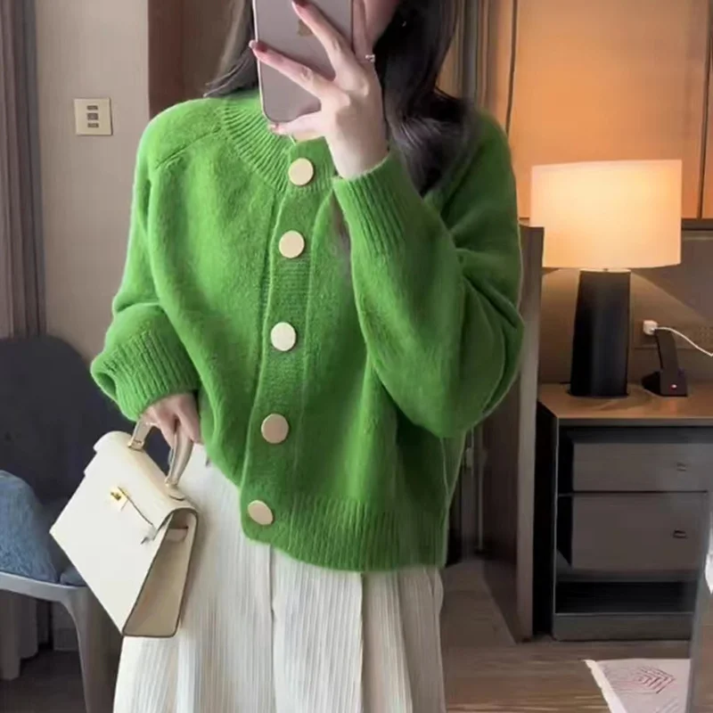Ueong New Spring And Autumn Style Pure Color Sweet Wind Knitted Cardigan Women's Coat Round Collar With Large Buttons And High-Grade Sensitive Woolen Clothes