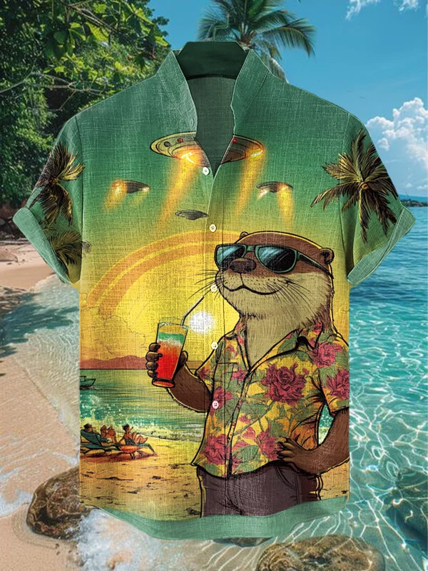 Men's Cute Otter Drinking Cocktail On Hawaii Vacation Art Print Casual Shirt