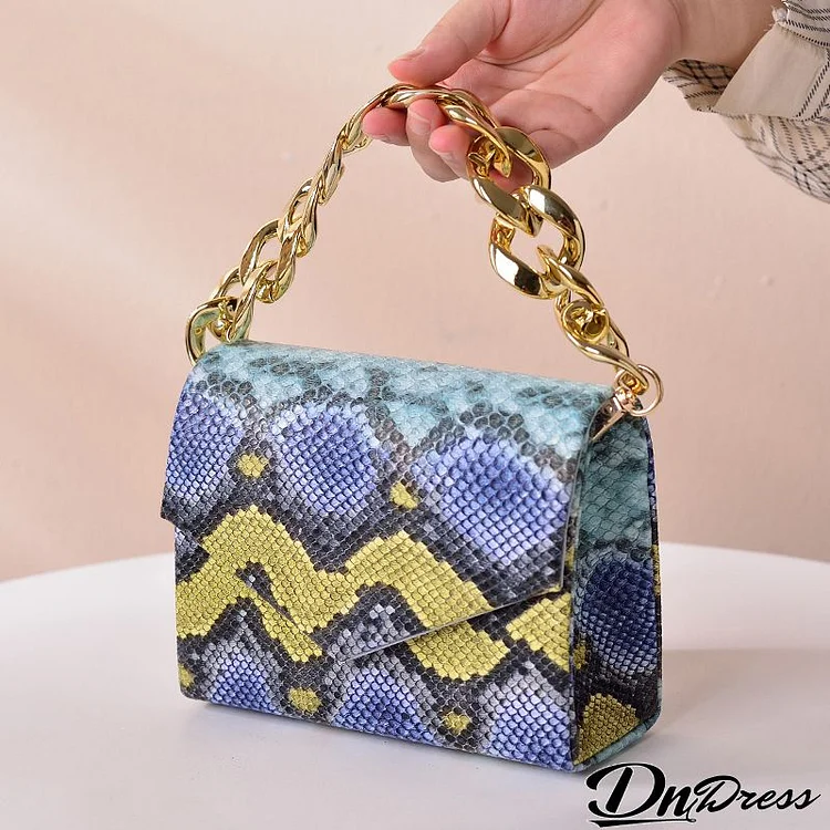 Women Snake Pattern Color Blocking Chain Evening Bags