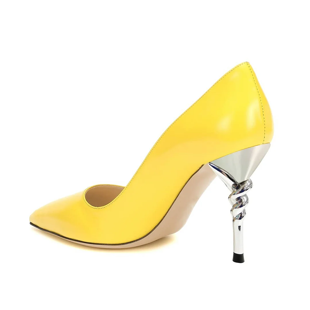 Classic Yellow Vegan Leather Pointed Toe Slip-On Pumps Heels