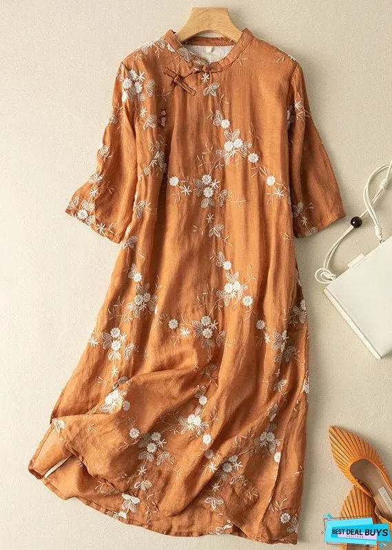 Vintage Orange Embroideried Chinese Button Patchwork Linen Dress Summer
