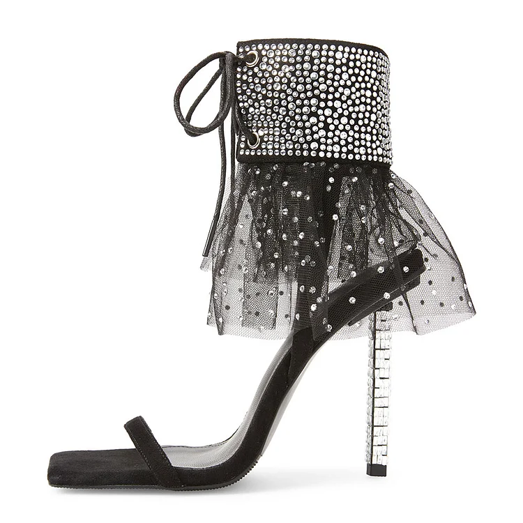 Black Square Toe Rhinestone Lace-up Sandals with Tulle Ruffles |FSJ Shoes