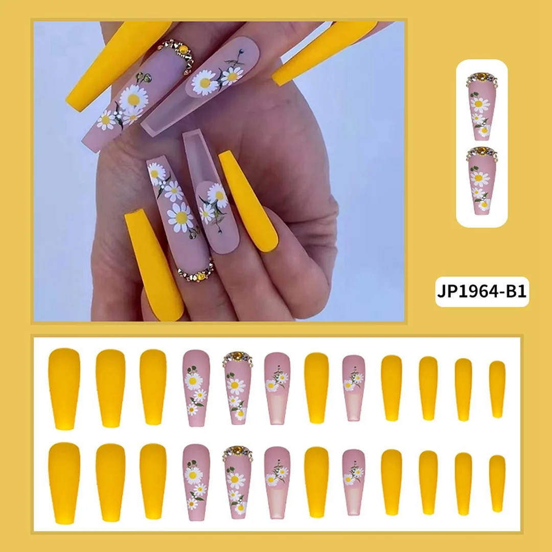 24pcs Extra Long Coffin False Nails yellow Flower designs Rhinestone Ballerina Fake Nails Full Cover Nail Tips Press On Nails