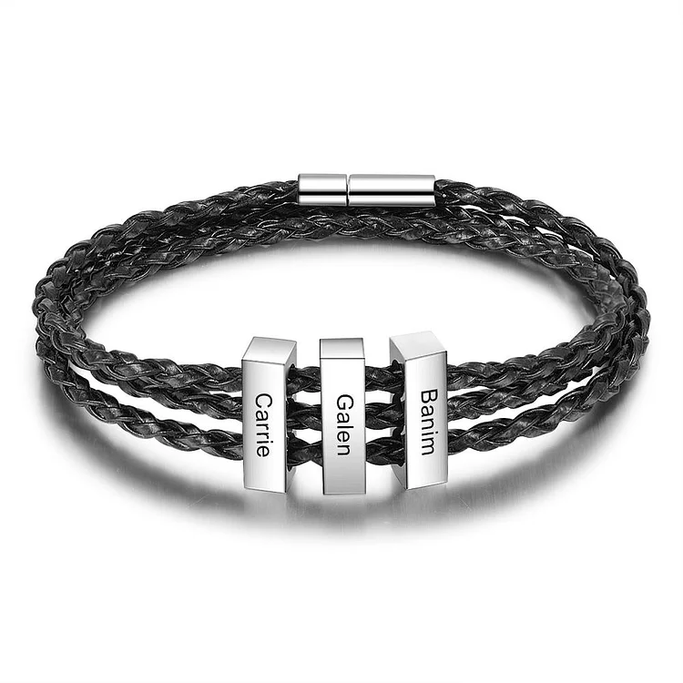 Men Leather Bracelet with Vertical Bar Engraved 3 Names Bracelet