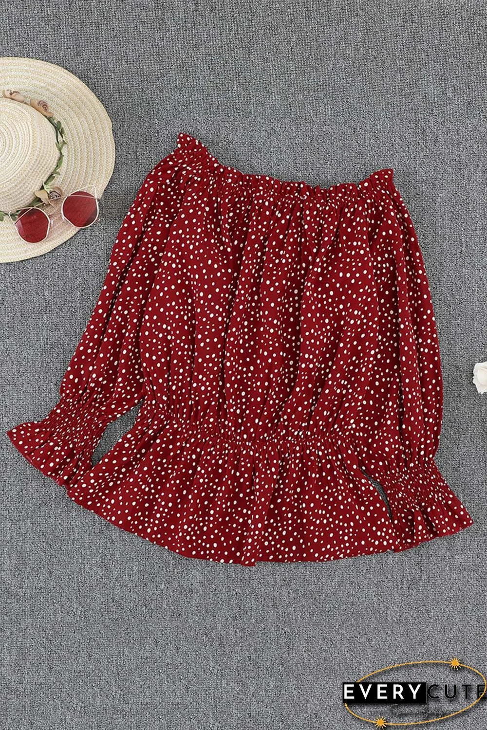 Red Polka Dot Off Shoulder Ruffle Long Sleeve Top
