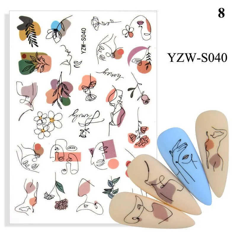 1 Sheet Human Face Nail Stickers And Decals 2021 Nail Art Decorations Set Geometric Pattern Dried Flowers Sliders For Nails Art-Nail Inspo