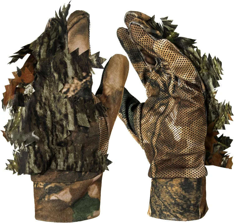 GUGULUZA 3D Leafy Camo Hunting Gloves for Men, Non-slip Full Finger Woodland Camouflage Lightweight Tactical Gloves
