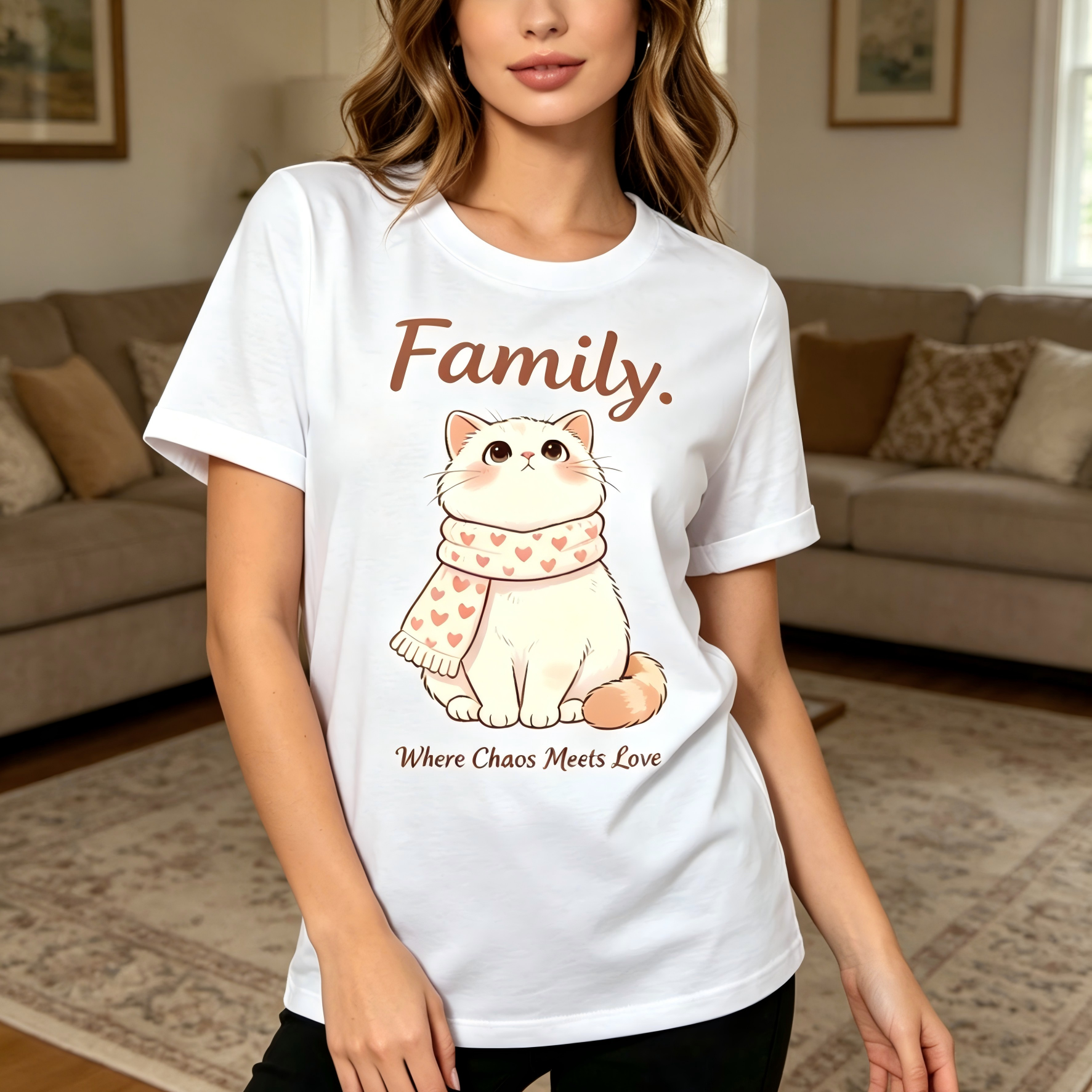 "Family Where Chaos Meets Love" Funny Cat Graphic T-Shirt for Women