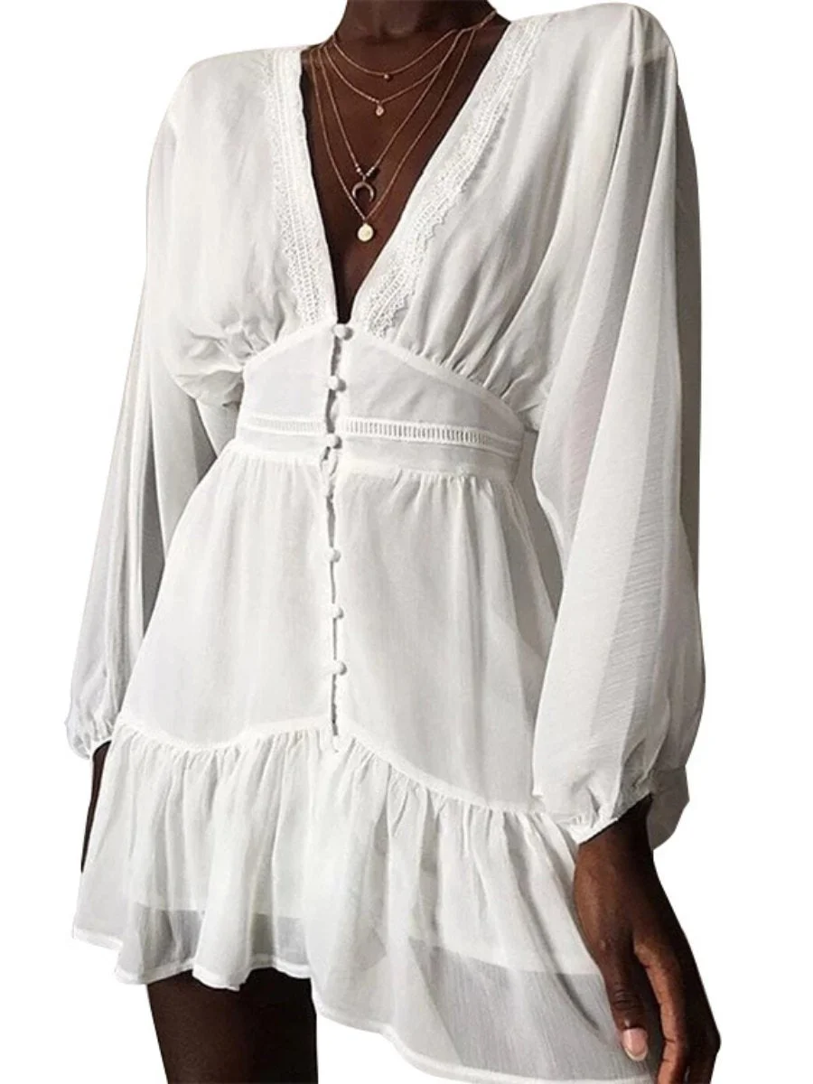 White Chiffon Dress V-Neck Long Sleeve Lace Ruffled Hem Mini Dresses