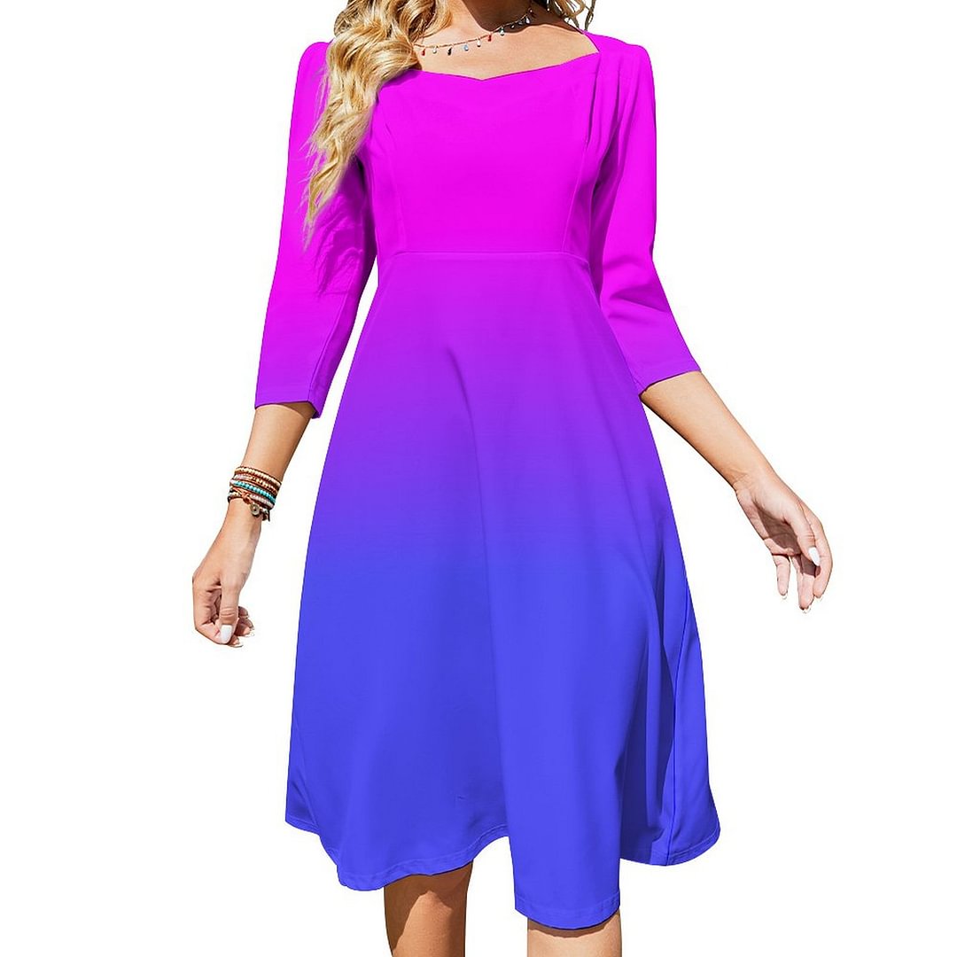 Neon Blue And Hot Pink Ombre Shade Color Fade Dress Sweetheart Tie Back Flared 3/4 Sleeve Midi Dresses