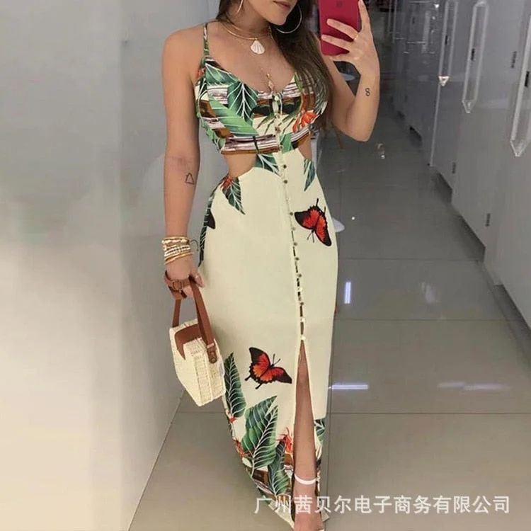 2021 Europe and the United States new sexy embellished buckle cut hollow print dress