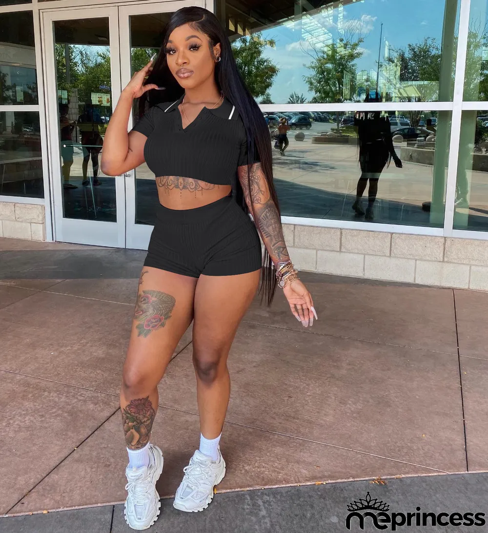 Solid Crop Top And Shorts Two Piece Sets